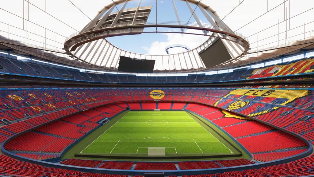 El diseño del nuevo Camp Nou con las tres pantallas gigantes de videomarcador