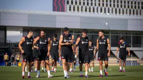 Pedri, Ferran Torres, Robert Lewandowski, Héctor Fort y Éric García, en un entrenamiento del Barça