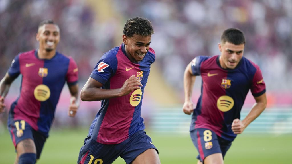 Lamine Yamal festeja el primer gol del Barça en la victoria contra el Athletic