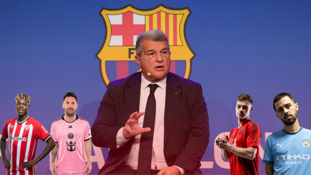 El presidente del Barça, Joan Laporta, en un montaje con Nico Williams, Messi, Kimmich y Bernardo Silva