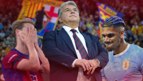 Joan Laporta junto a Frenkie de Jong y Ronald Araujo en un fotomontaje