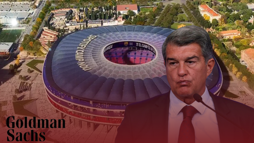 Joan Laporta, un diseño del futuro Camp Nou y el logotipo de Goldman Sachs