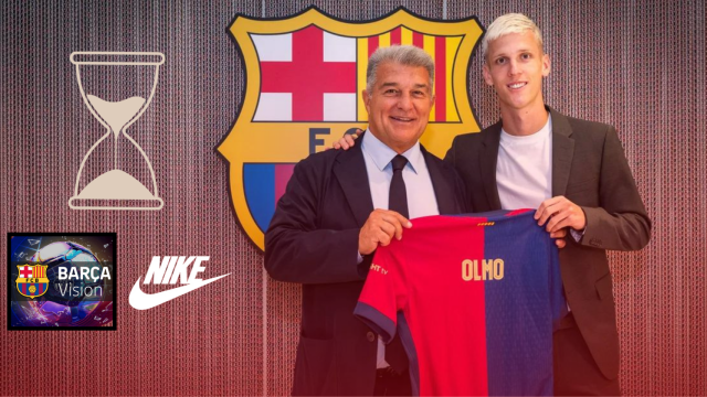 Joan Laporta, Dani Olmo y los logotipos de Nike y Barça Vision