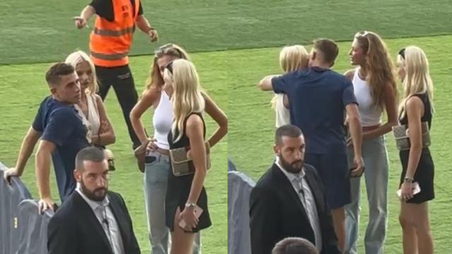 Fermín López, junto a su novia, después de un partido del Barça en Montjuïc