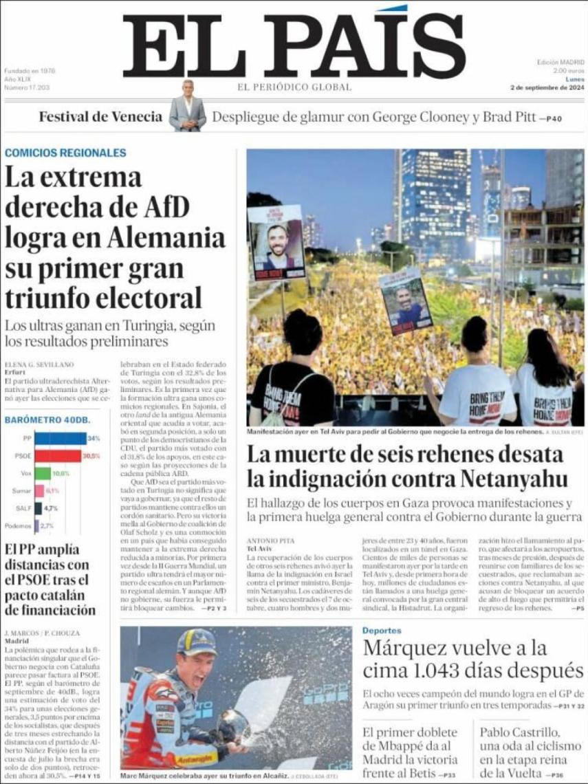 Portada de 'El País' de 2 de septiembre de 2024