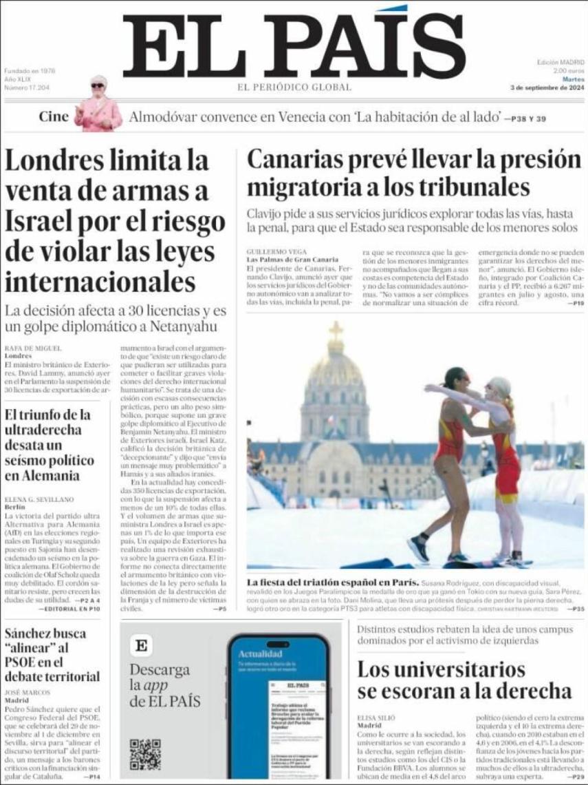 Portada de 'El País' del martes, 3 de septiembre