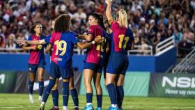 Las jugadoras del Barça Femenino celebran un gol contra el Trinity FC