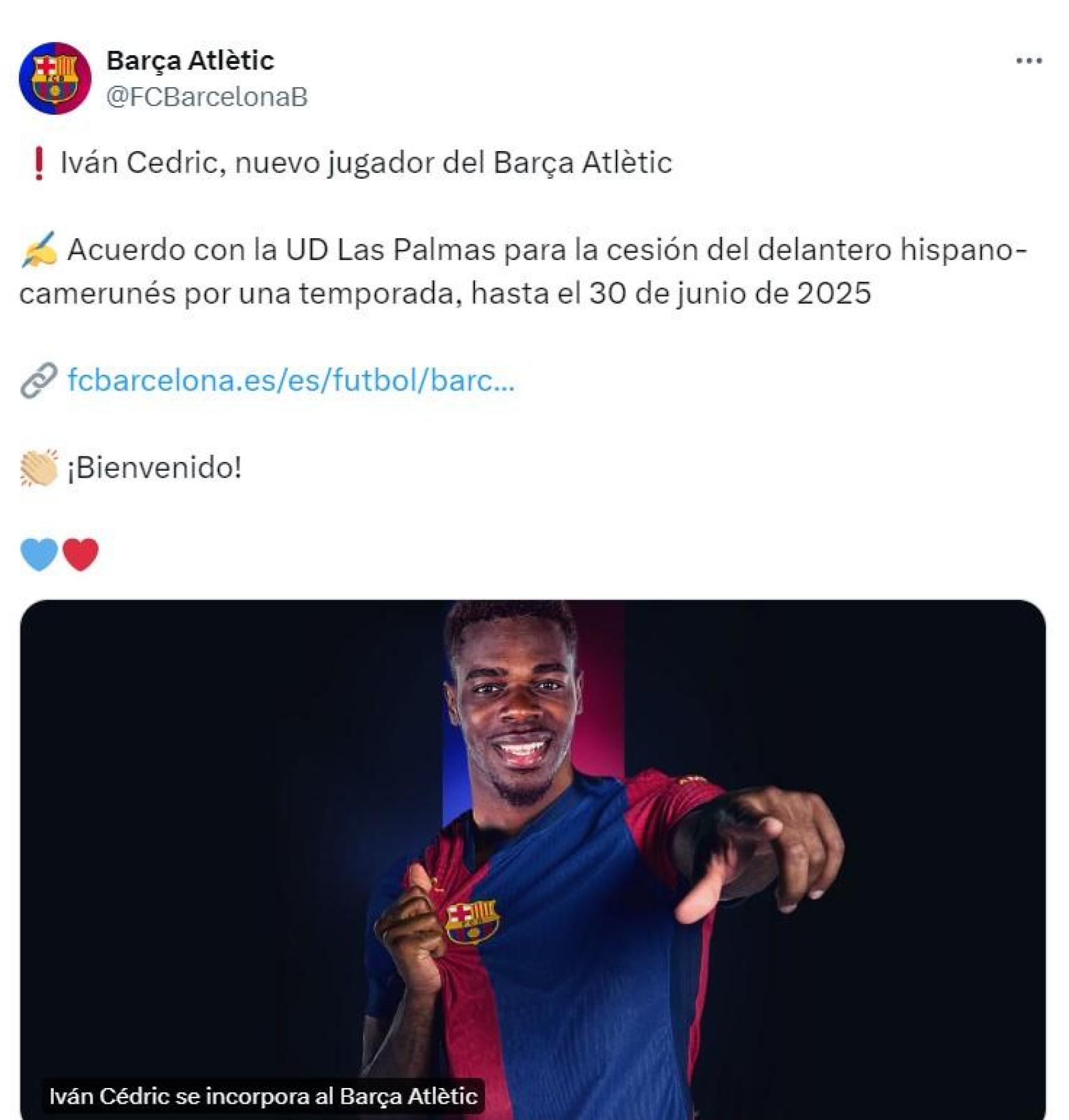 El Barça B comunica la llegada de Iván Cédric, cedido por Las Palmas