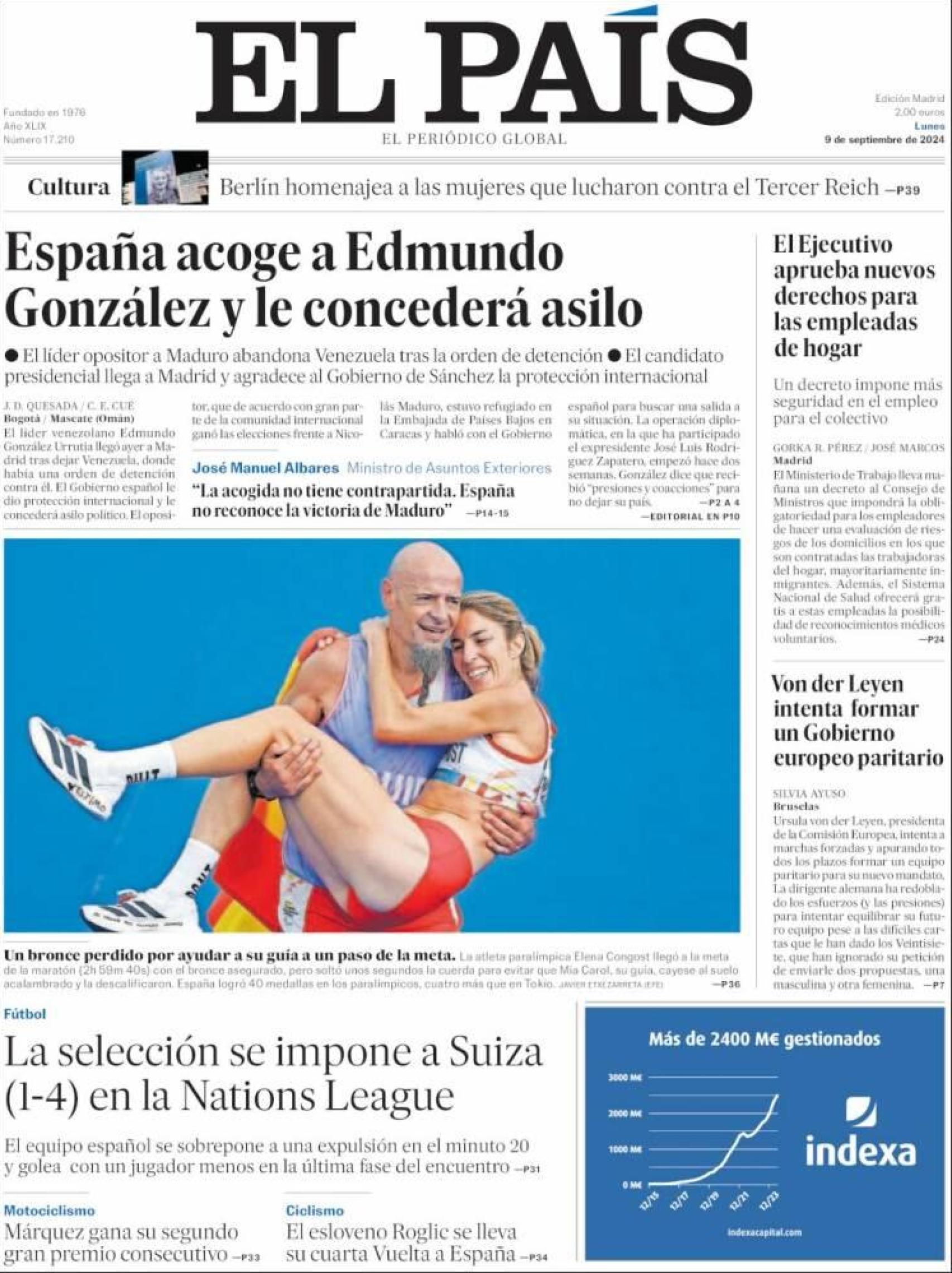 Portada del diario 'El País', lunes 9 de septiembre de 2024