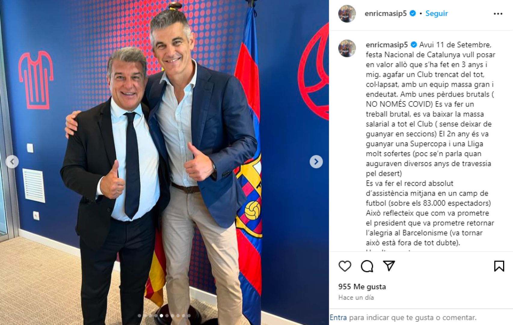 El mensaje de Enric Masip en apoyo a la gestión de Laporta