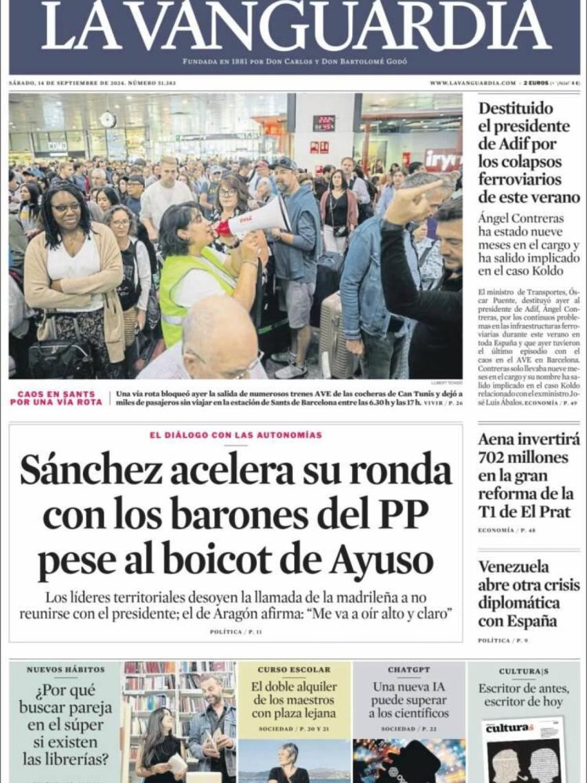 La portada de 'La Vanguardia' del 14 de septiembre de 2024