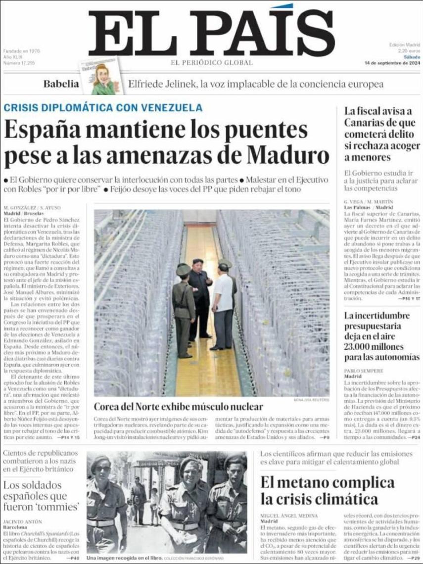 Portada de 'El País' del 14 de septiembre de 2024