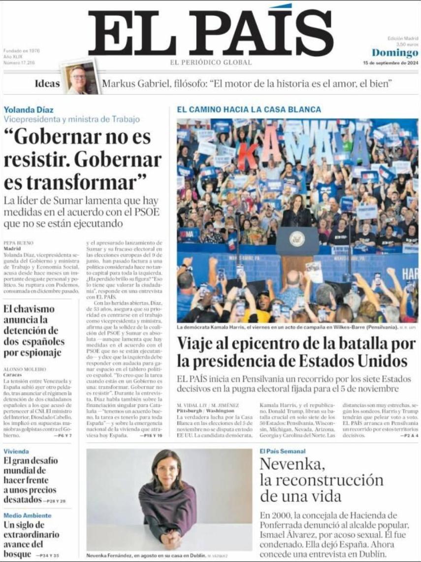 Portada de 'El País' del domingo, 15 de septiembre