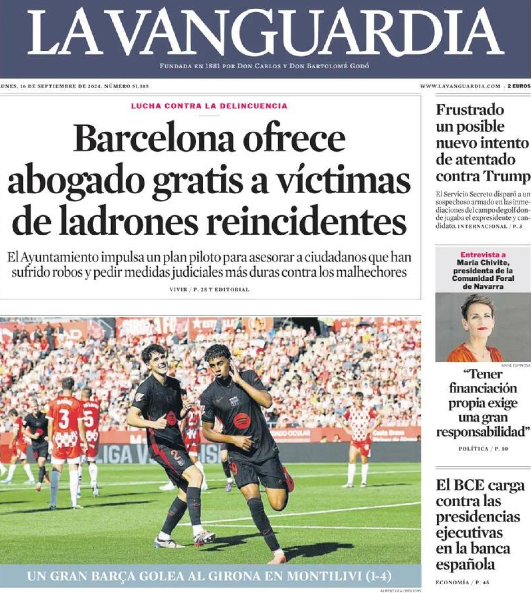 Portada de La Vanguardia, 16 de septiembre de 2024