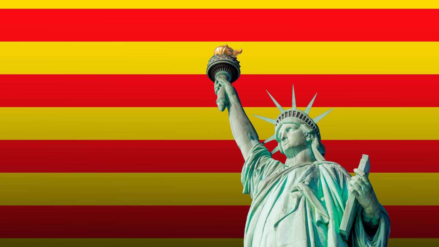 Creación con la Estatua de la Libertad y la bandera catalana