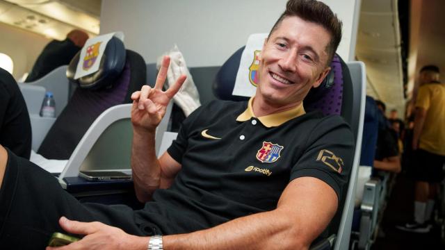 Robert Lewandowski, durante un viaje con el Barça de Hansi Flick