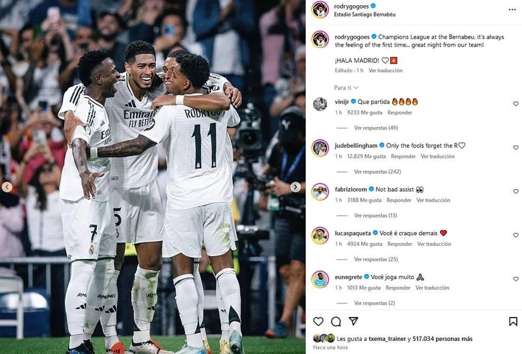 Bellingham defiende a Rodrygo en Instagram