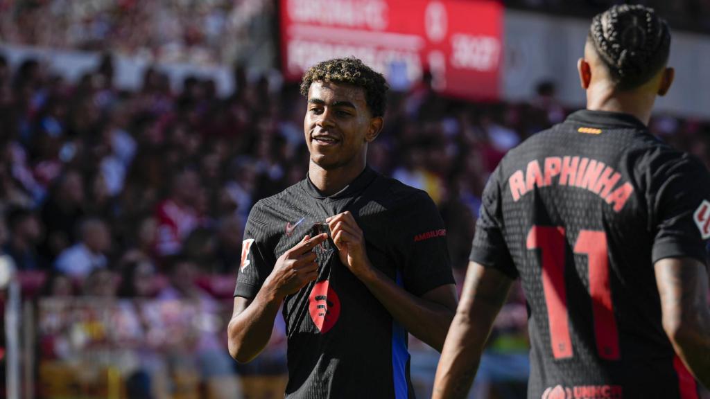 La celebración de Lamine Yamal en la victoria del Barça en Montilivi