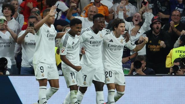 Mbappé, Rodrygo, Vinicius y Fran García celebran la victoria del Real Madrid ante el Espanyol