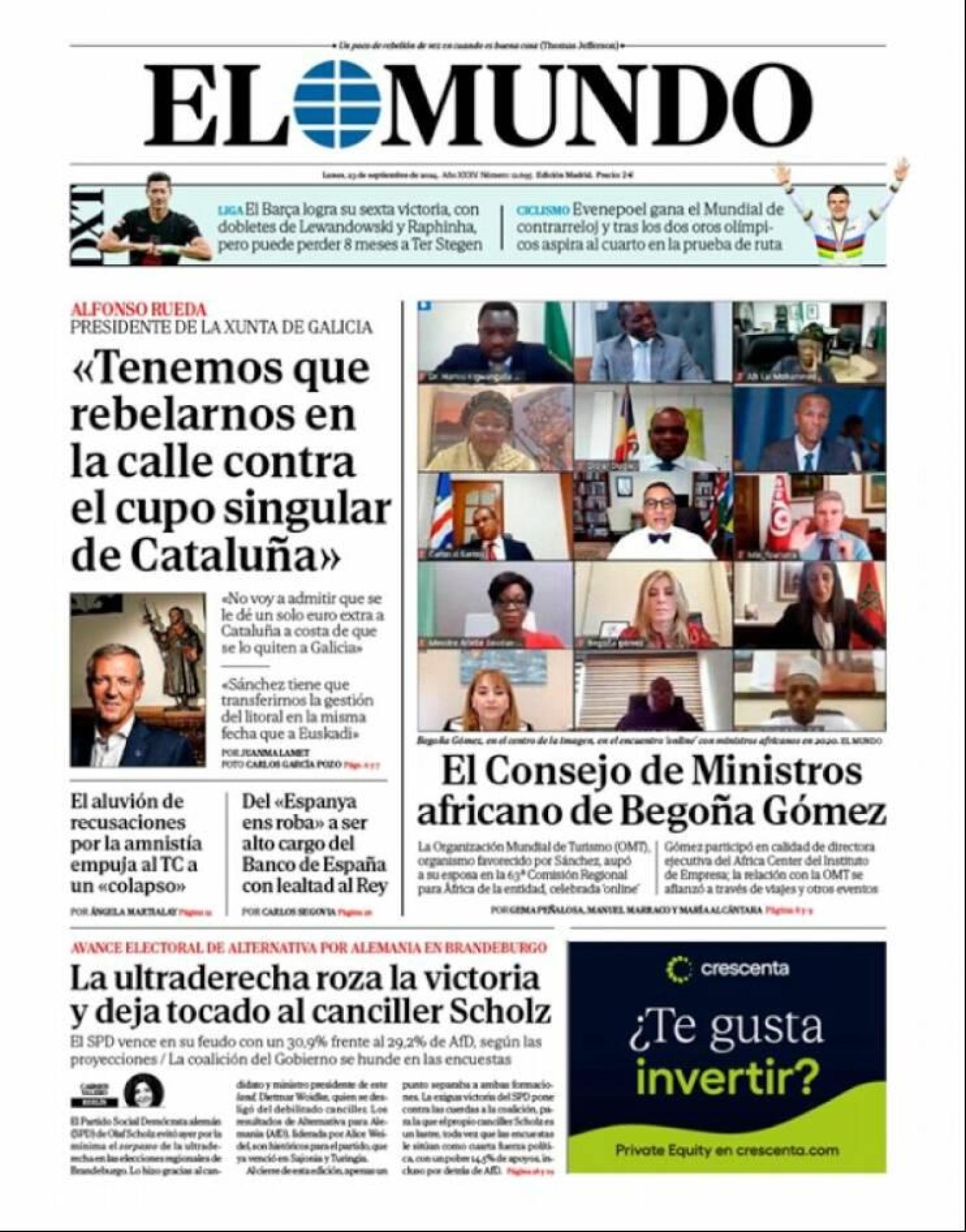 Portada de El Mundo este lunes, 23 de septiembre