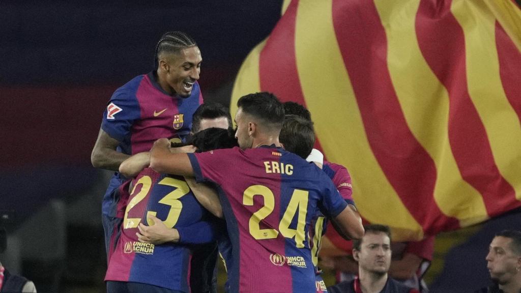 El Barça celebra el gol de Lewandowski contra el Getafe