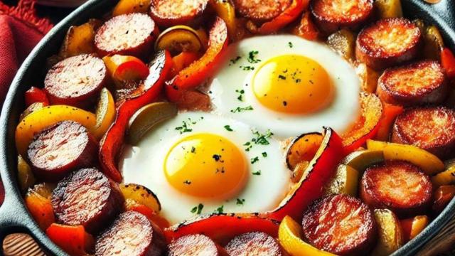 Simulación de un plato de huevos a la catalana