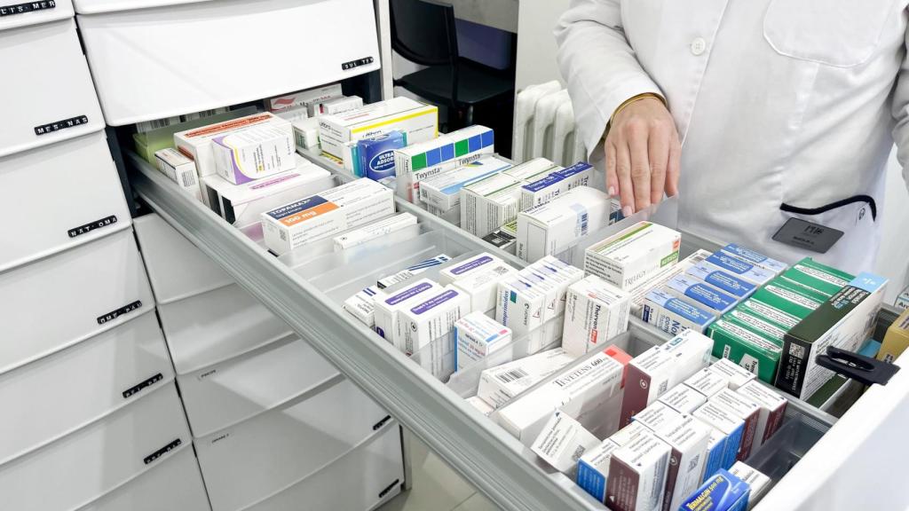 Archival image of a box with medicines in a pharmacy