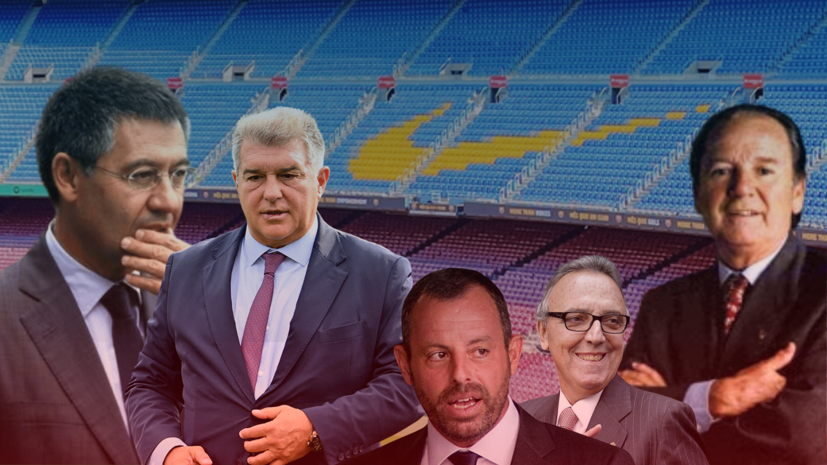 Bartomeu, Laporta, Rosell, Gaspart y Núñez con el Camp Nou atrás en un fotomontaje