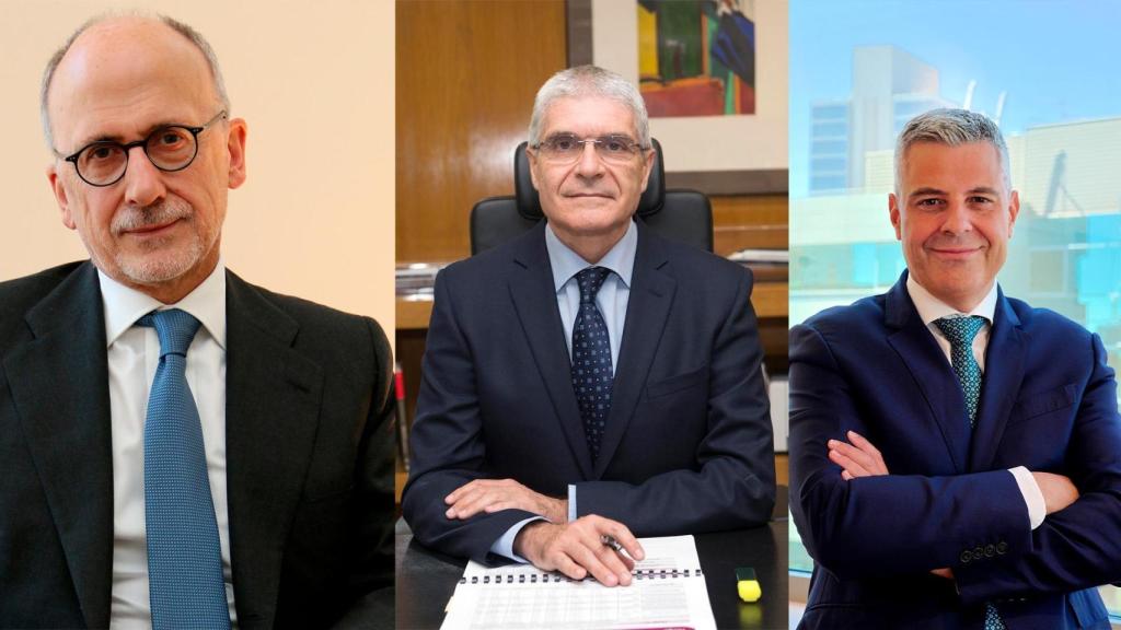 Imagen conjunta de Óscar Fanjul (Cellnex), Isaías Táboas (Generalitat) y Marc Benhamou (Caixabank)