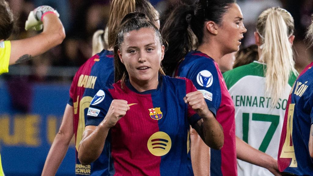 Claudia Pina celebra su gol anotado en la Champions