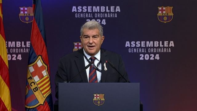 Joan Laporta en la asamblea de socios compromisarios 2024