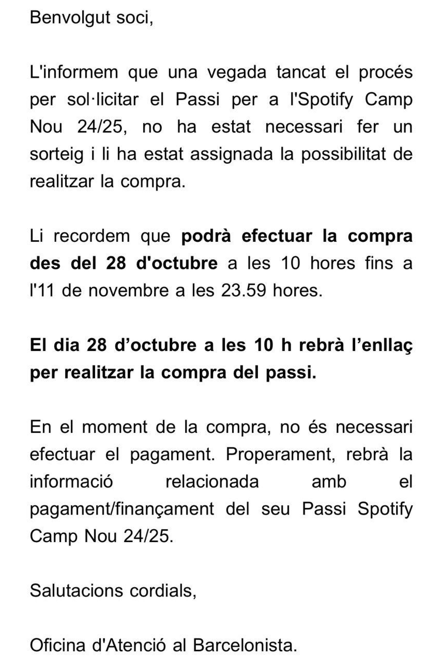 'Mail' del Barça a los socios que solicitaron un pase para el Camp Nou en obras