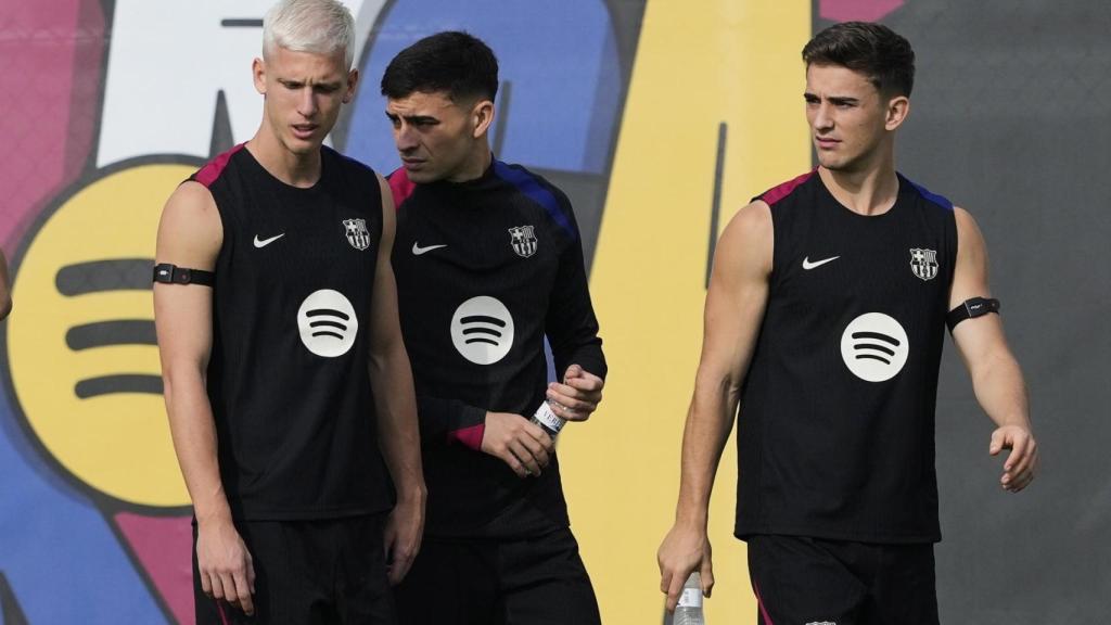 Dani Olmo, Pedri y Gavi, en el entrenamiento del viernes