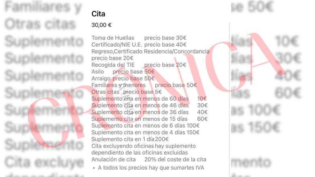 Listado de precios de una de las falsas asesorías contactadas