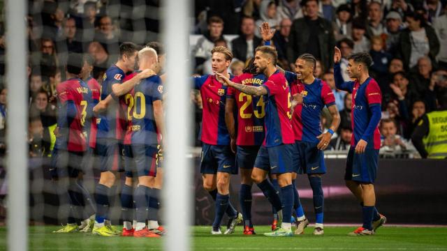 La celebración de los jugadores del Barça en el clásico del Bernabéu