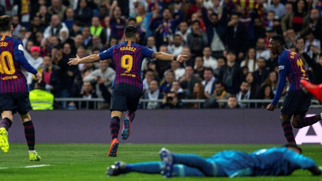 Luis Suárez celebra un gol en el Bernabéu en el 2019