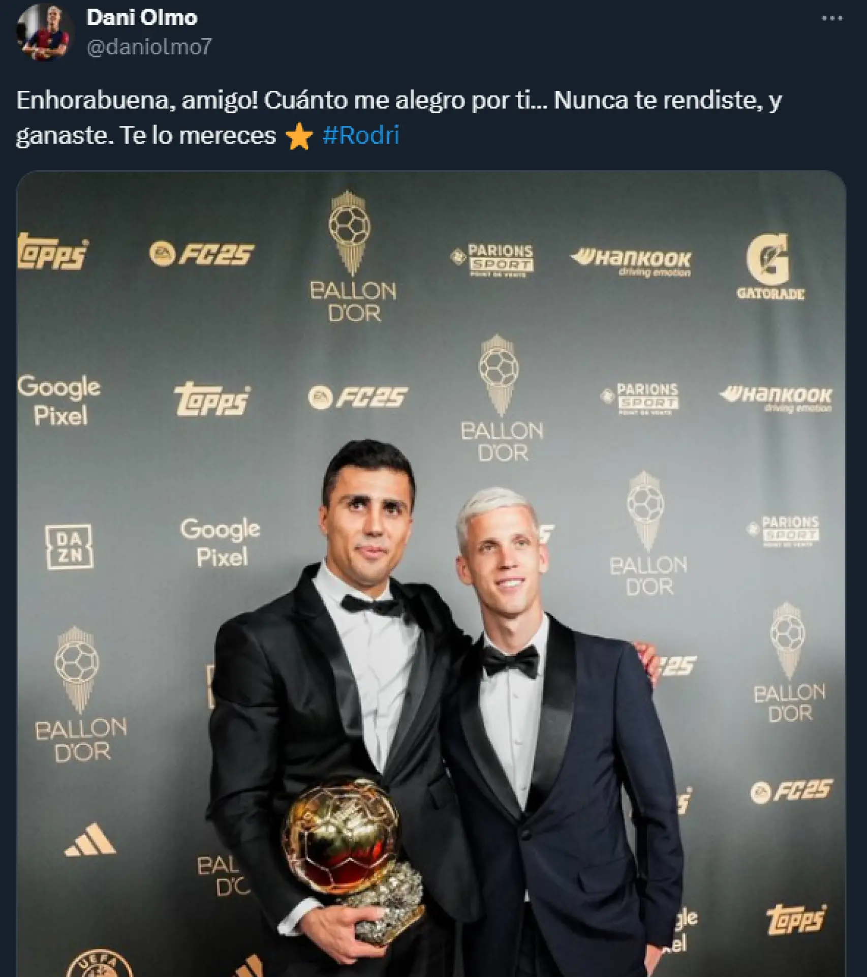 El mensaje de Dani Olmo a Rodri tras ganar el Balón de Oro