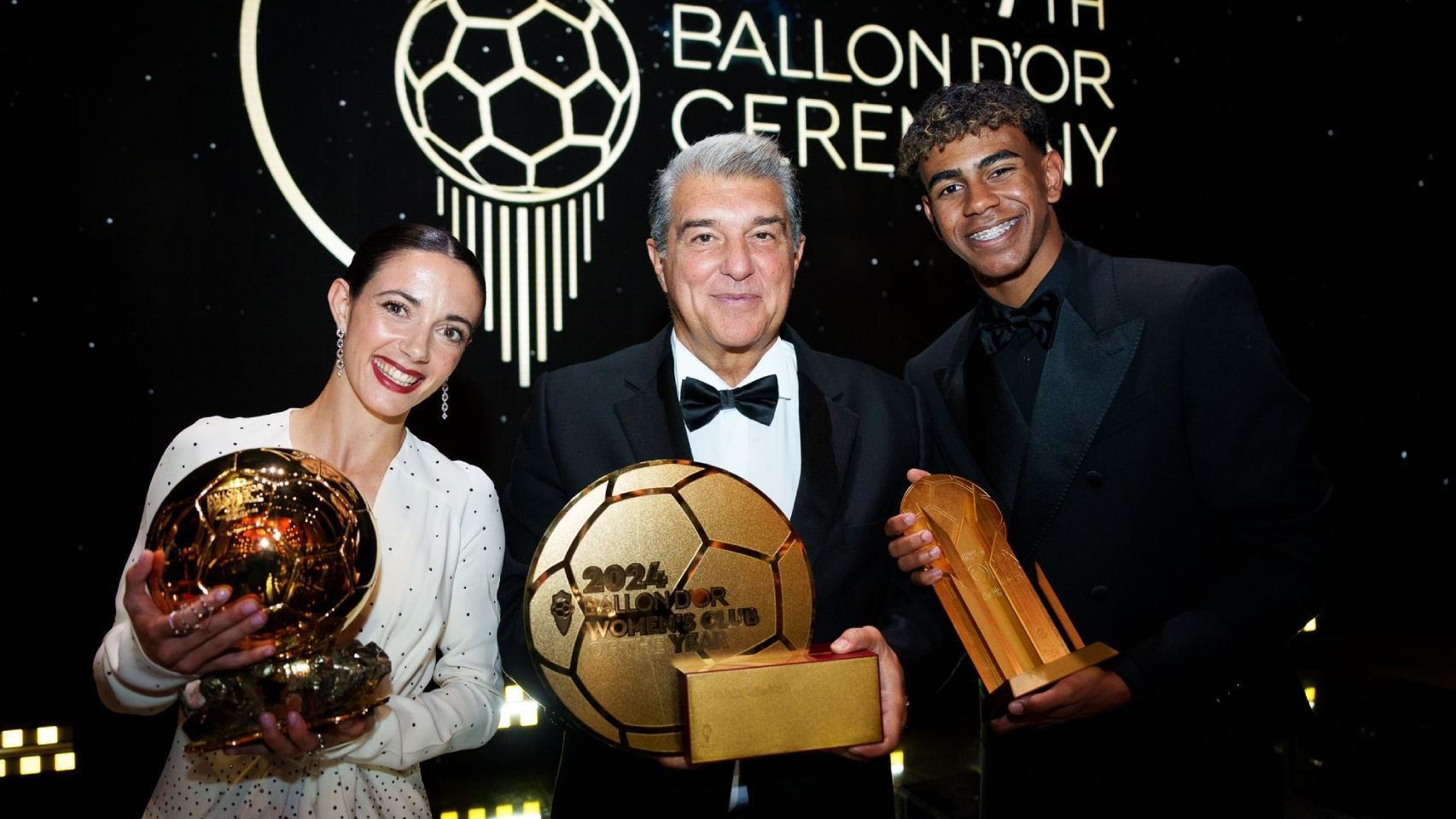 Joan Laporta, junto a Aitana Bonmatí y Lamine Yamal, en la gala del Balón de Oro