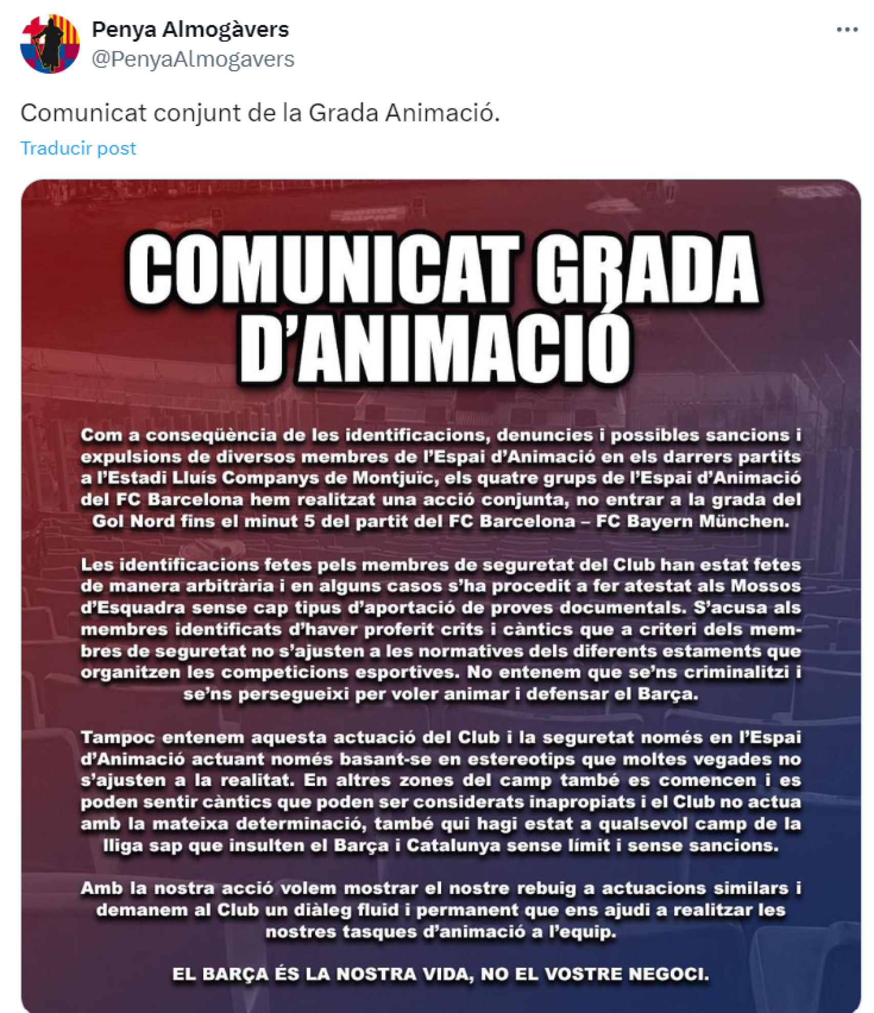 Comunicado de la Penya Almogàvers, grupo de animación del Barça y miembro de la Grada