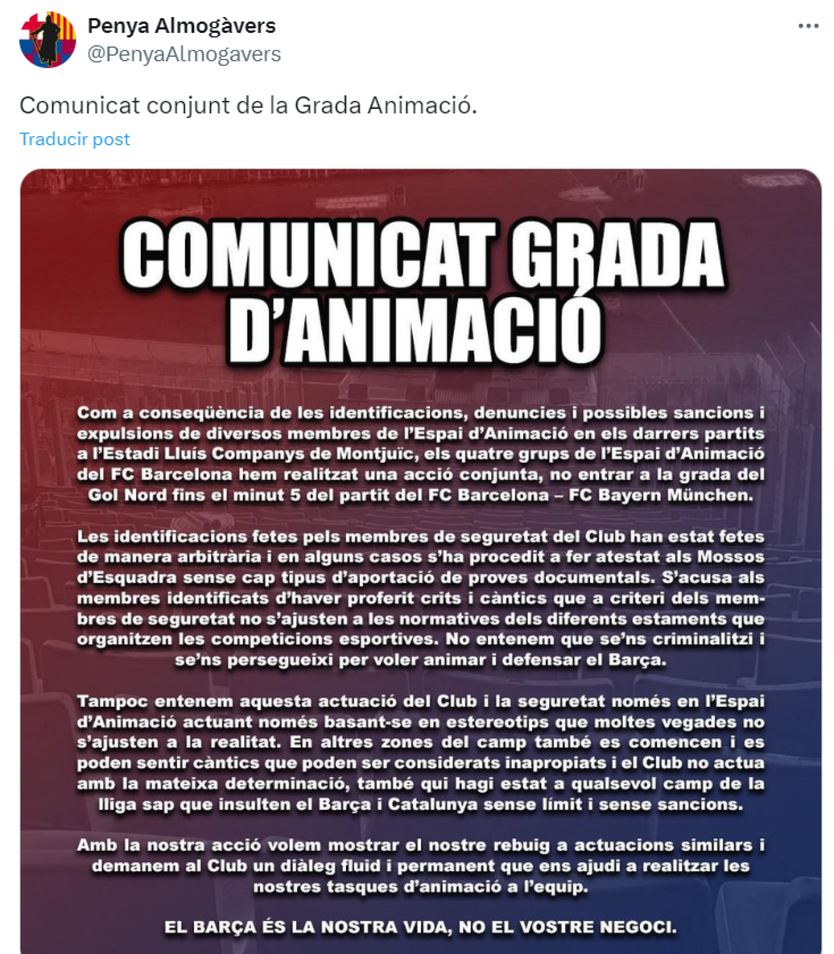 Comunicado de la Penya Almogàvers, grupo de animación del Barça y miembro de la Grada