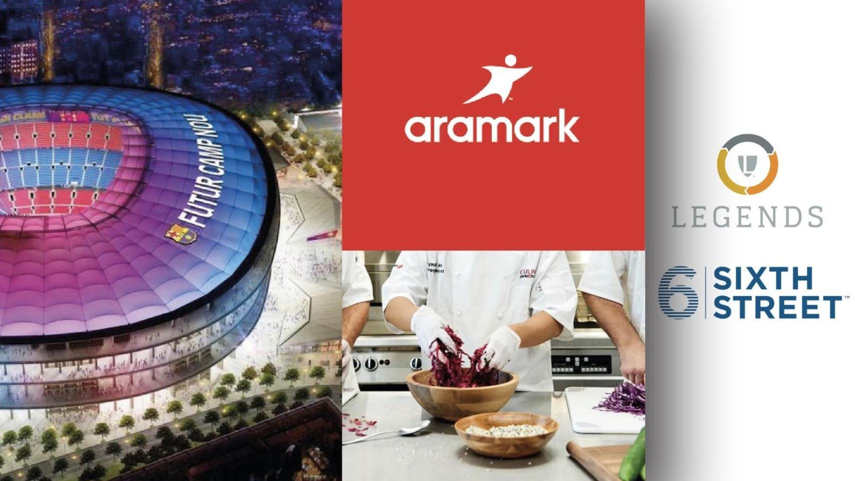 El nuevo Camp Nou, junto con los nombres de las empresas Aramark y Legends