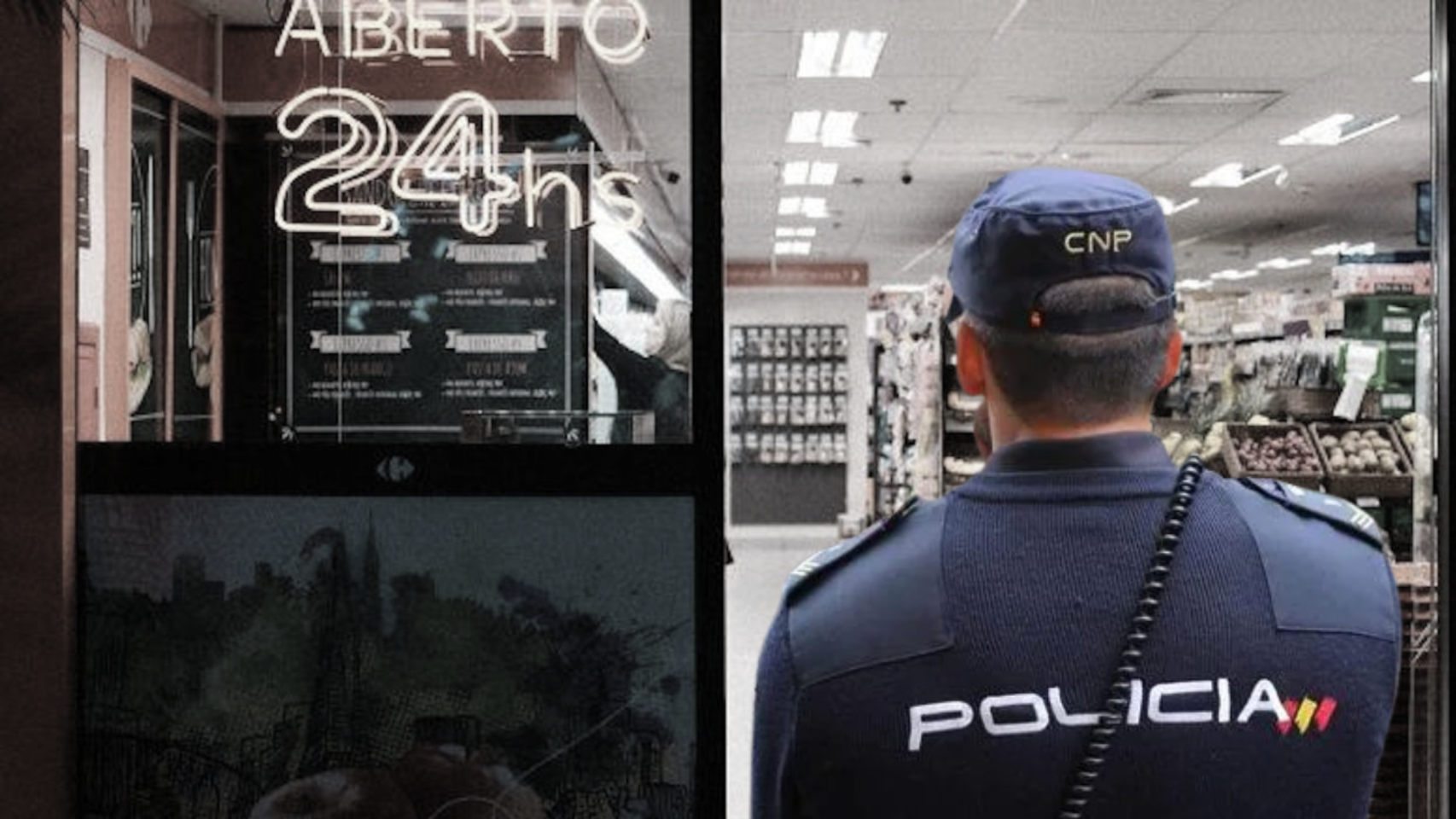 Montaje de un agente del CNP ante un supermercado 24 horas