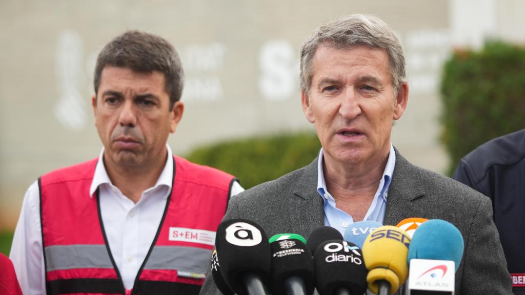 El presidente de la Generalitat Valenciana, Carlos Mazón (i) y el presidente del Partido Popular, Alberto Núñez Feijóo (d)