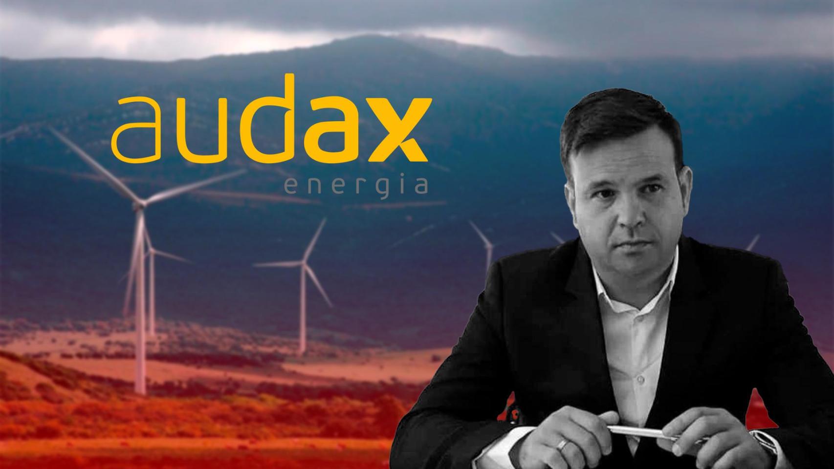 Un parque de Audax Renovables, el logo de la compañía y José Elías, su presidente