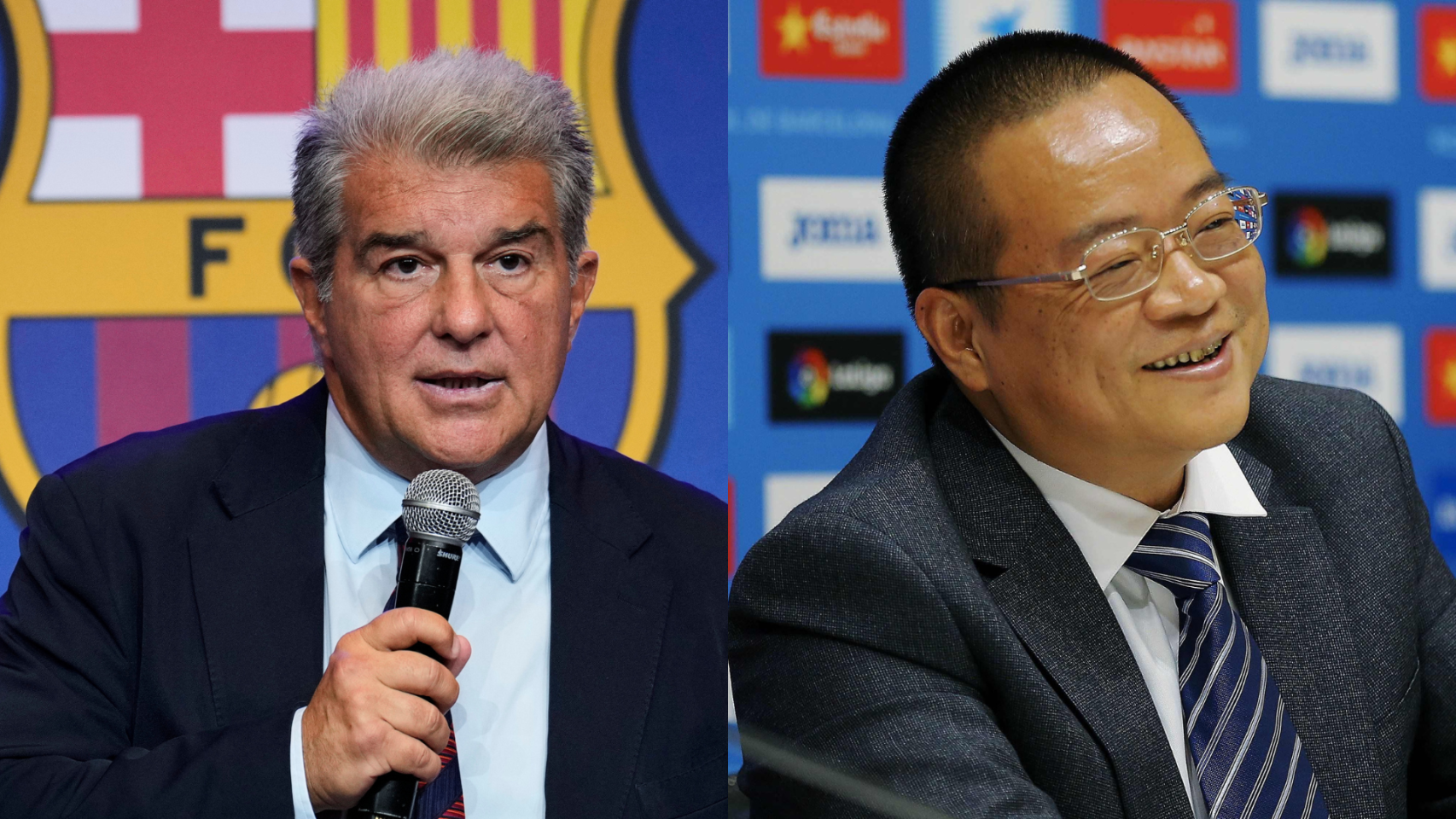 Joan Laporta y Chen Yansheng, presidentes del Barça y el Espanyol, en un montaje