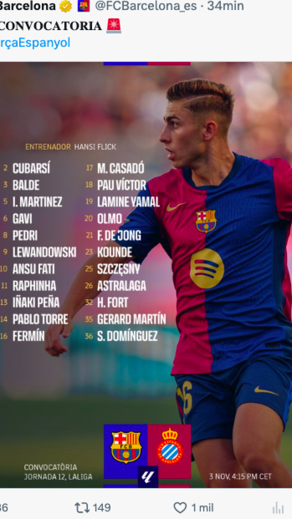 Convocatoria del Barça-Espanyol