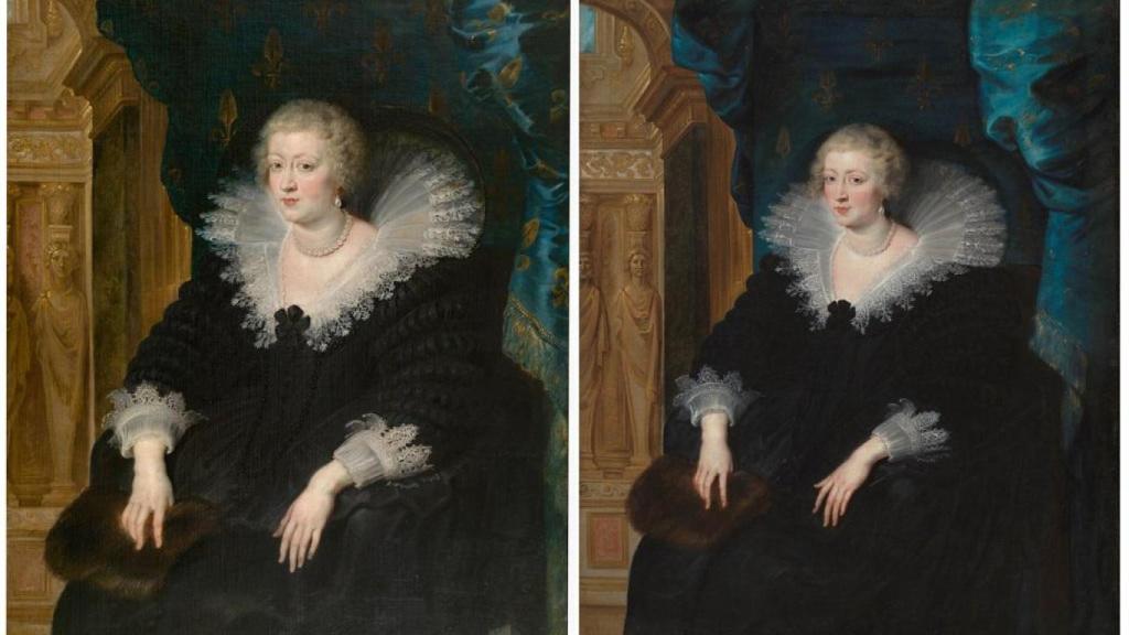 Retrato de Ana de Austria, reina de Francia, realizado por Rubens (izq.) y por su taller (der.).