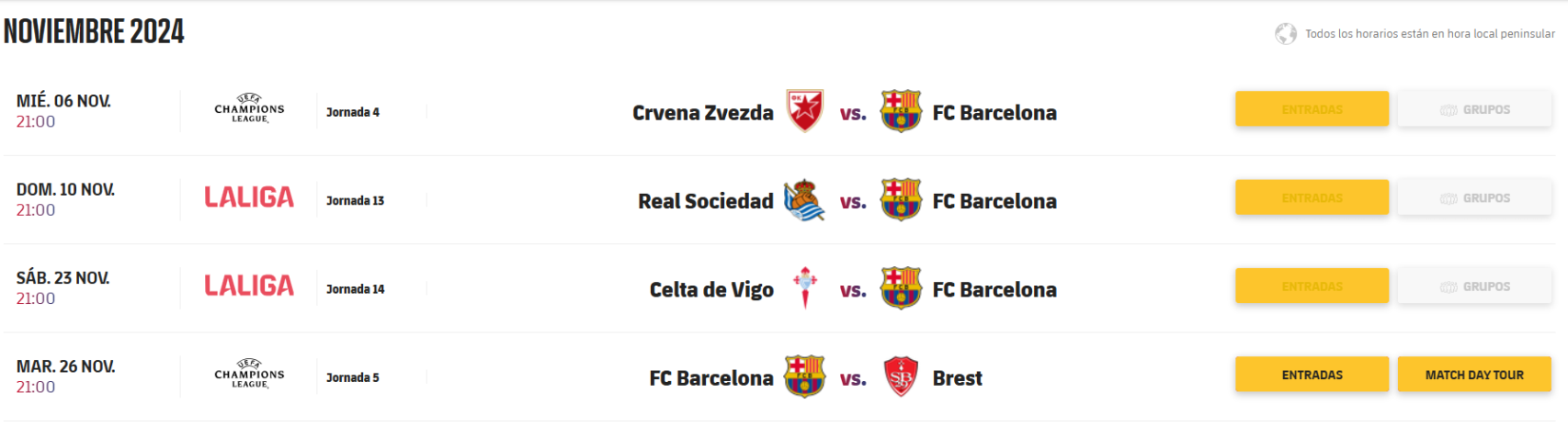 Calendario del Barça en el mes de noviembre