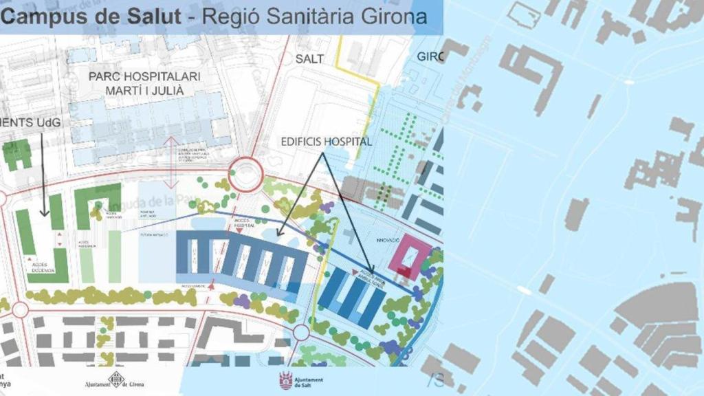 El mapa del futuro Campus de Salud de Girona, con las zonas inundables en azul