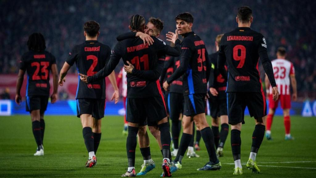 Marc Casadó abraza a Raphinha tras un gol del Barça contra el Estrella Roja